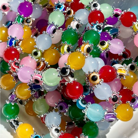 Artisan Jewelry - Rainbow Glass Beaded Bracelets With Evil Eye Beads NWOT